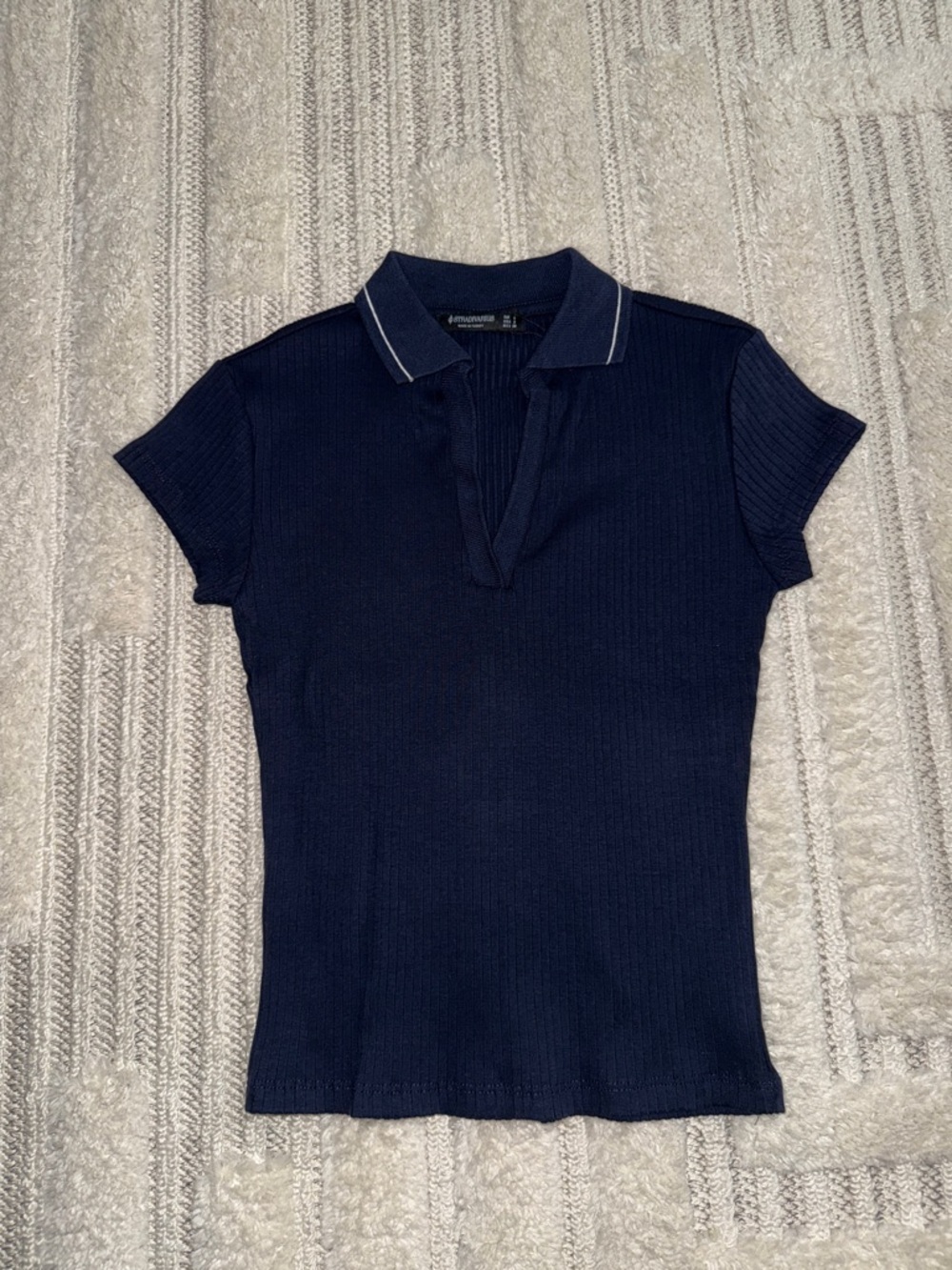 Stradivarius Navy Short-Sleeve Ribbed Polo Top